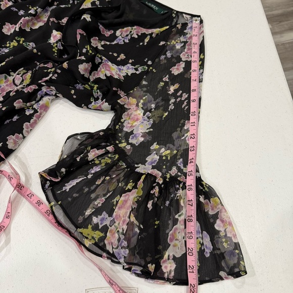 Lauren Ralph Lauren Floral Wrap Blouse Bell Sleeves Black Sheer Women’s Large - Picture 7 of 15